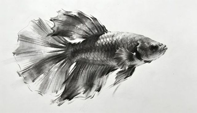 Monochrome betta sketch with flowing fins ink wash and charcoal texture for design