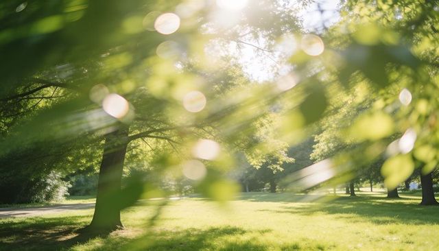 Sunlight filtering through tree canopy casting dappled shade over lush park meadow with lens flare