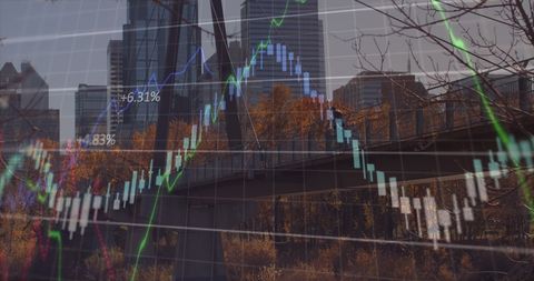 Digital Financial Data Overlaying Cityscape Skyline