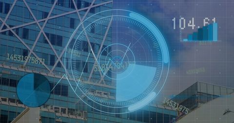 Digital Financial Data Overlaying Glass Skyscraper for Business Technology Concept - Download Free Stock Images Pikwizard.com