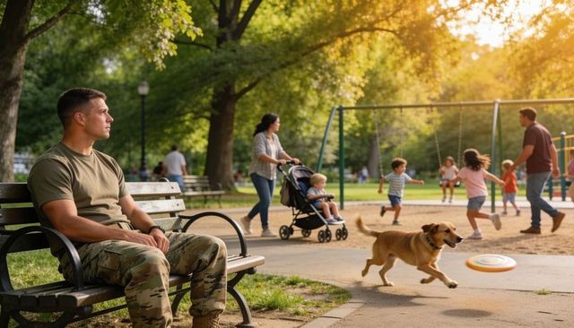 Soldier in camo sitting on bench watching kids playing while dog chasing frisbee in park