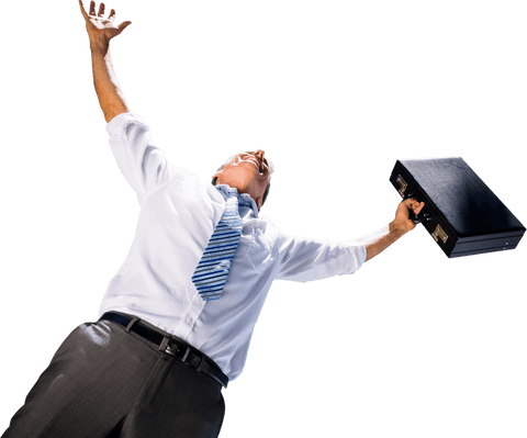 Transparent Businessman Celebrating with Raised Arms and Briefcase