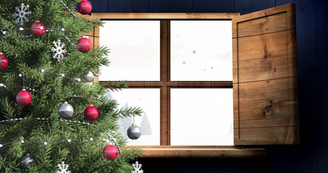 Cozy Winter Landscape with Festive Window and Christmas Tree - Download Free Stock Images Pikwizard.com