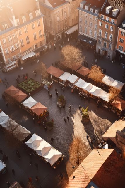 Perfect for promoting tourism, city guides, cultural events, and travel brochures highlighting European city markets. Depicts a bustling market scene from above in a charming European square with sunlight casting shadows, ideal for visuals on commerce and local shopping experiences.