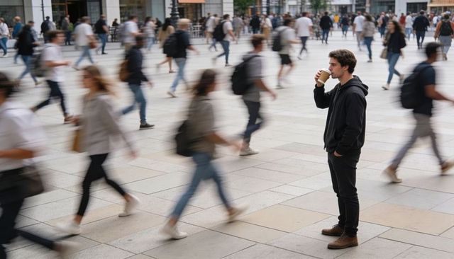 Young man standing sipping takeaway coffee amid blurred pedestrian rush in city plaza