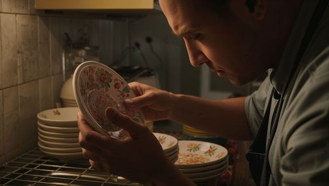 Man inspecting vintage floral porcelain plate at kitchen counter undercabinet warm light