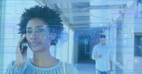 Woman Engaged in Digital Communication with Tech Overlay