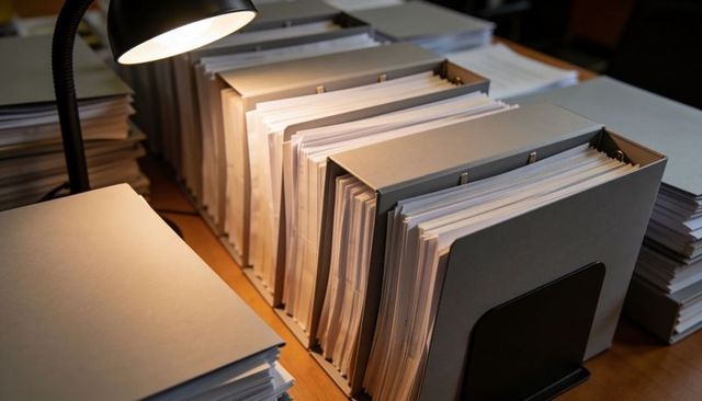 Organizing archived files in gray file boxes on wooden desk with task lamp