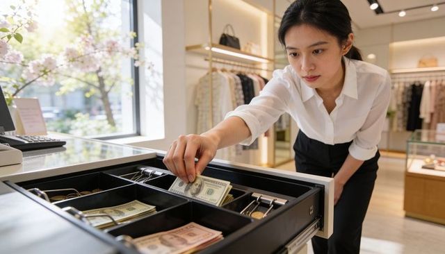 Female retail cashier counting us dollars in open register drawer in upscale boutique checkout