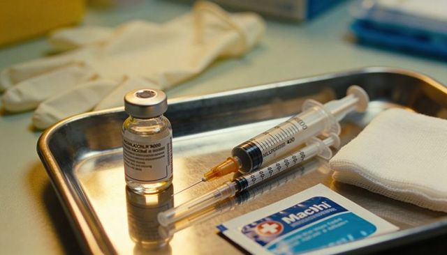 Preparing vaccination kit with vial and syringes on stainless tray for clinic use