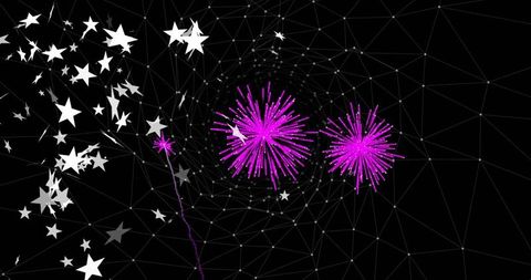 Vibrant Magenta Fireworks Over Futuristic Digital Network