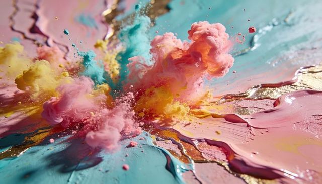 Pastel pigment explosion bursting with pink cyan yellow powder and gold paint texture