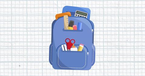 School Bag Filled with Stationery Items on Gridded Background
