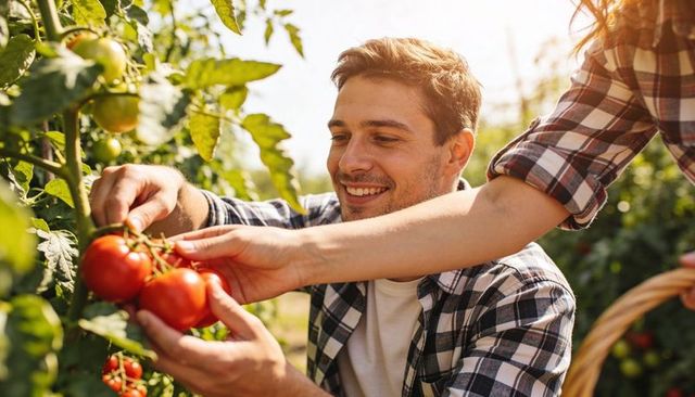 Couple picking ripe red tomatoes in sunny garden, smiling man holding wicker basket