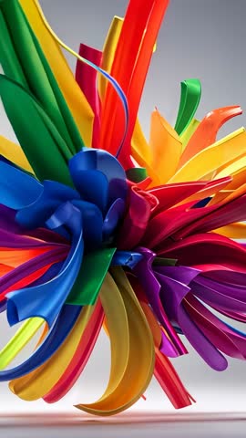 Rotating abstract ribbon sculpture revealing vibrant color loops vertical 3D motion