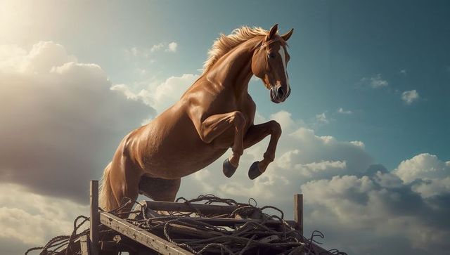 Dynamic chestnut horse jumping over wooden platform outdoors