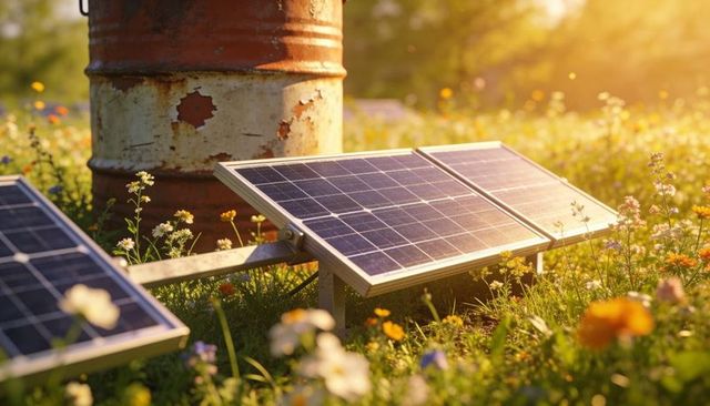 Low-mounted solar panels basking in golden meadow light with rusted barrel backdrop