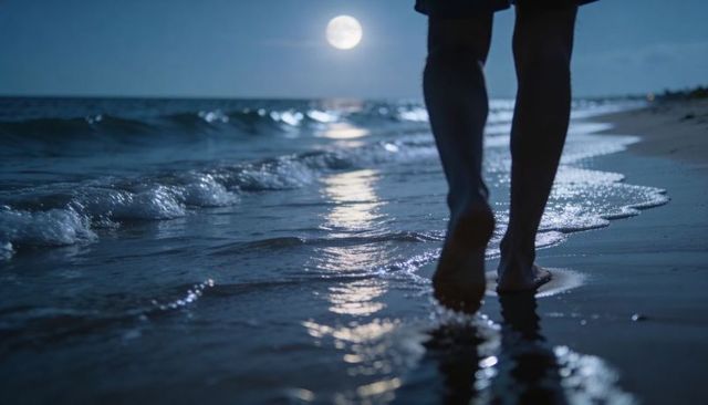 Moonlit barefoot walk along shoreline leaving footprints in wet sand under full moon