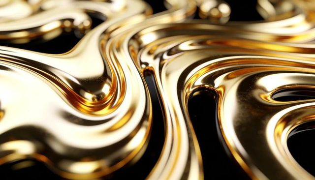 Flowing liquid gold abstract with glossy metallic ribbons and mirror-like reflections
