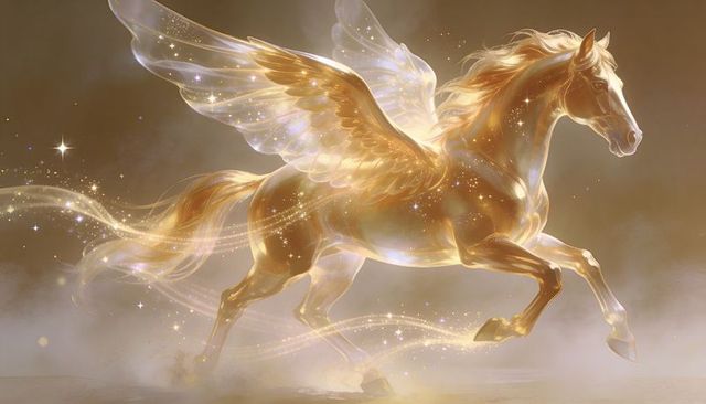 Golden pegasus soaring through stardust with luminous wings and ethereal celestial aura