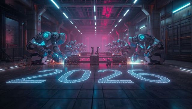Welding Humanoid Robots Assembling Components in Neon Hangar with Glowing 2020 Floor