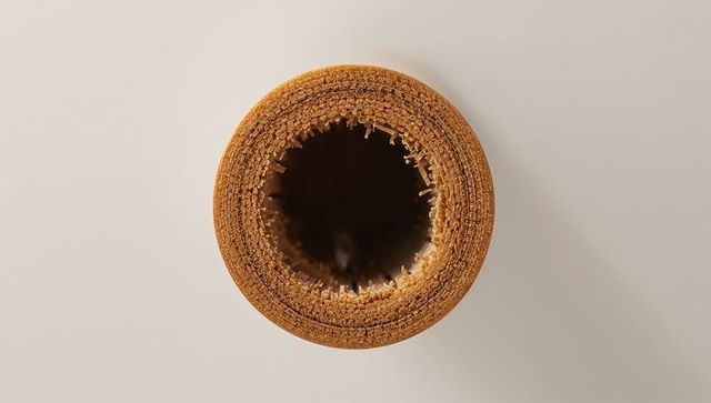 Overhead hollow wafer roll showing crumbly interior and textured sugar rim on beige surface