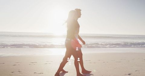 Romantic Walk on Sunny Beach with Modern Graphic Overlay