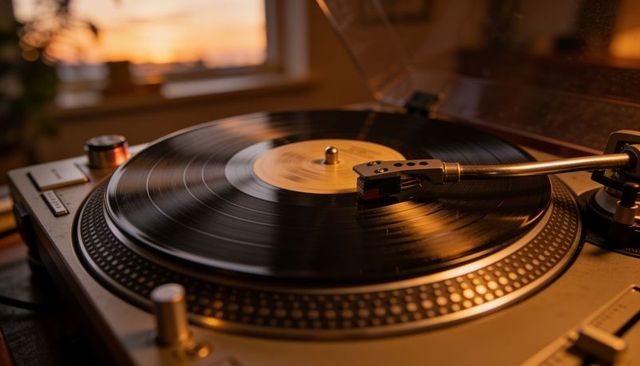 Spinning vinyl record on dj turntable at sunset warm vintage analog music ambience