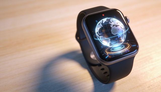 Smartwatch displaying holographic globe on wood tabletop with dark silicone strap
