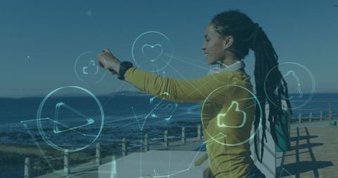 Tech-Savvy Fitness Enthusiast Along Scenic Coastline