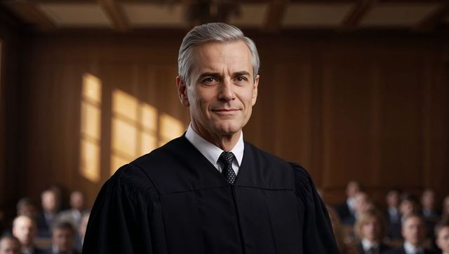 Experienced judge standing in sunlit courtroom wearing black robe and confident smile