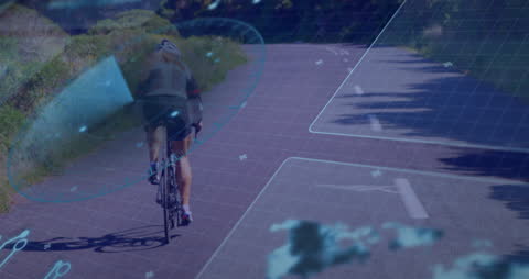 Futuristic Data Overlay on Female Cyclist on Road