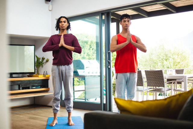 Full-length of multiracial serious gay couple exercising in prayer position on mats at home. Unaltered, love, together, homosexual, exercise, fitness, meditating, home and active lifestyle concept.