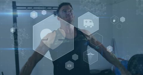 Caucasian Man Exercising with Digital Health Interface