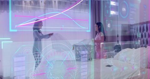 Two women in pajamas straightening duvet and adjusting bedding with ar hud overlays