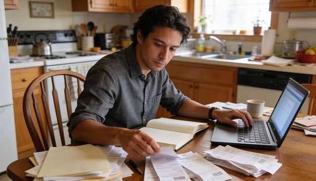 Man sorting receipts at kitchen table while working remotely on laptop and organizing personal finan