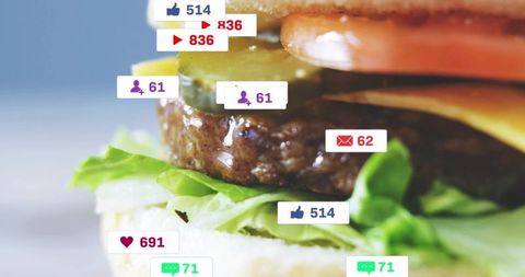 Juicy cheeseburger close-up with social media notifications overlay for food marketing