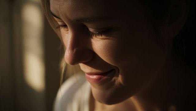 Warm golden sunlight closeup of smiling young woman closing eyes by window blinds soft natural glow