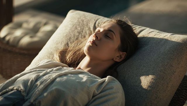 Young woman resting outdoors on sunlit patio daybed with pillow and light robe
