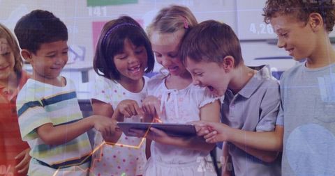 Elementary Students Collaborating on Tablet with Digital Data Overlay for STEM Learning