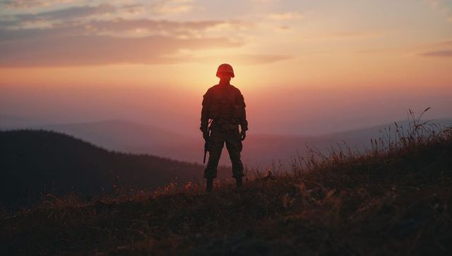 Soldier Standing on Hilltop at Sunset Overlooking Dramatic Horizon