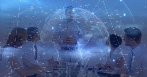 Global business meeting with innovative technology overlay