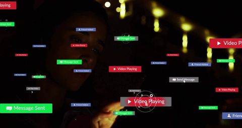 Woman tapping smartphone at night with floating social media notifications and overlays