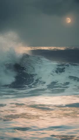 Moonlit Ocean Swells Rolling and Crashing into Foam — Vertical Night Sea Video