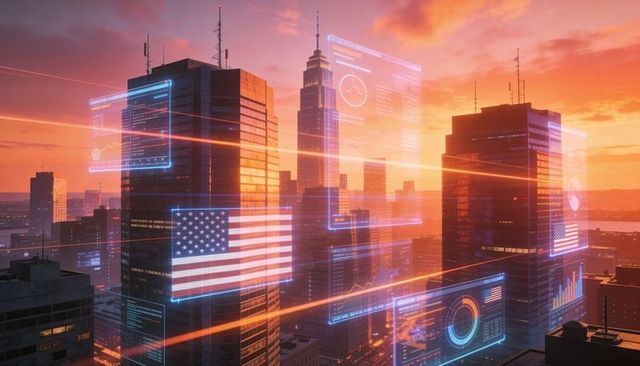 Sunset holographic cityscape with floating data dashboards, neon beams, american flags