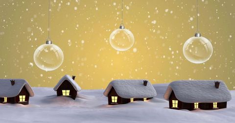 Magical Christmas Scene with Snowy Cottages and Baubles