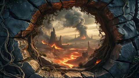 Breathtaking volcanic hell landscape viewed through craggy stone arch