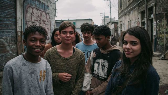 Standing diverse teen crew in graffiti alley showing friendship, street style, youth