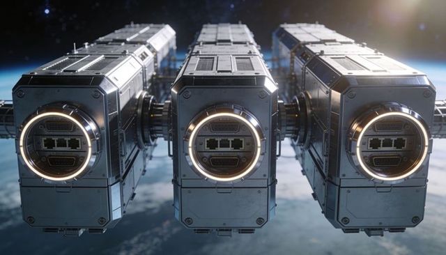 Modular spacecraft docking pods over earth showing connector rings and metallic panels
