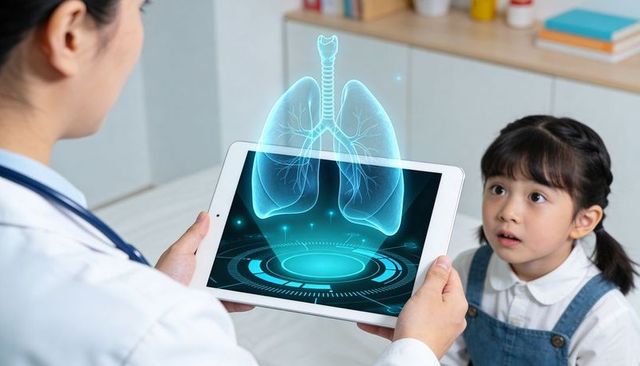 Pediatrician holding tablet projecting holographic lungs to curious girl in clinic
